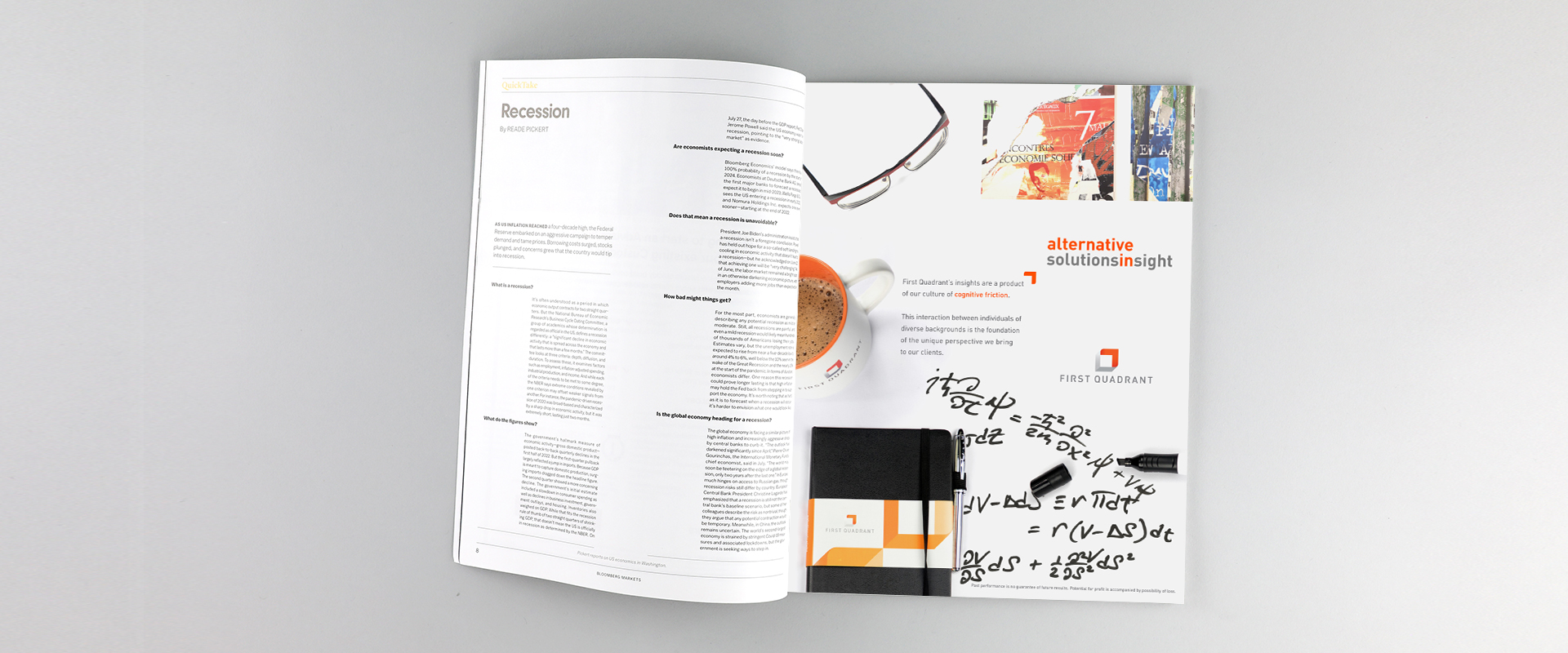 A half-page ad with an image of an eyeglass, full cup of coffee, artwork, journal, and a mathematical equation.