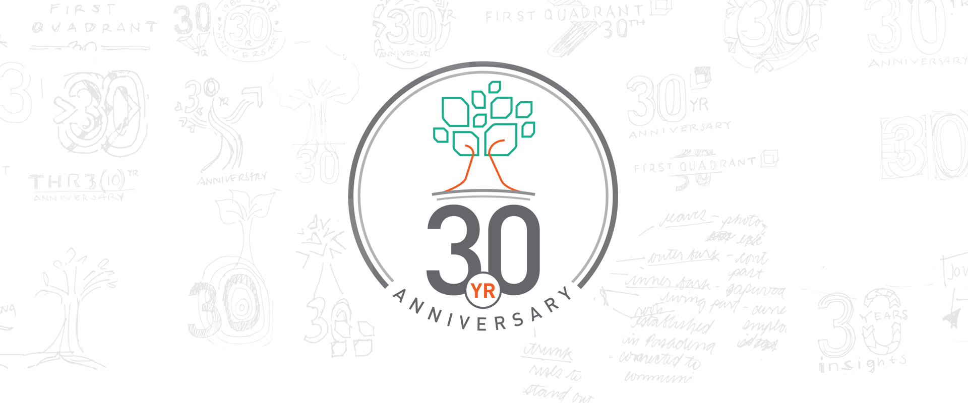 30th Anniversary logo with logo sketches in the background