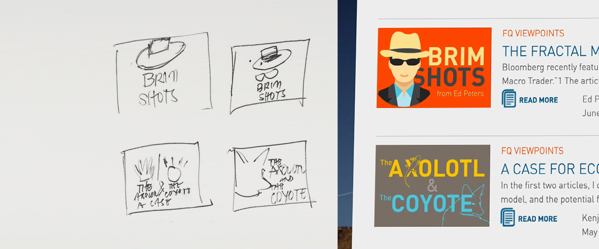A closeup of the thumbnail image of a blog post and the sketches that led to the design.